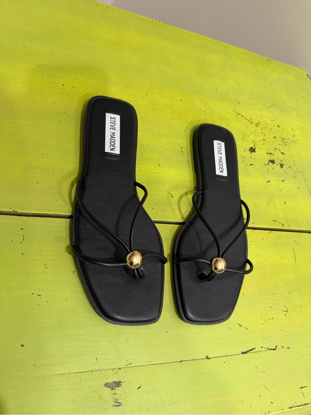 Steve Madden Black Strappy Toe-Ring Sandals with Gold Orb Detail